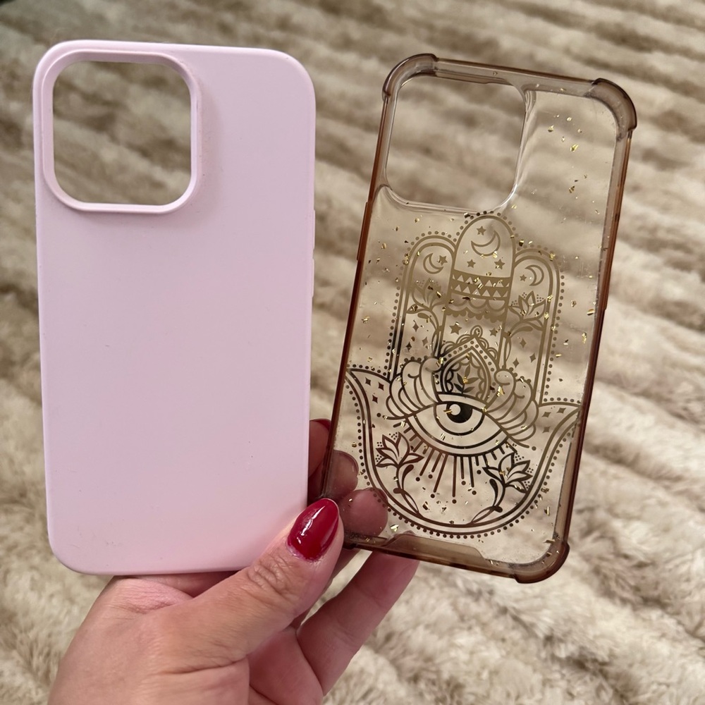 TWO iPhone13 Pro cases Baby Pink and Hamsa with third eye